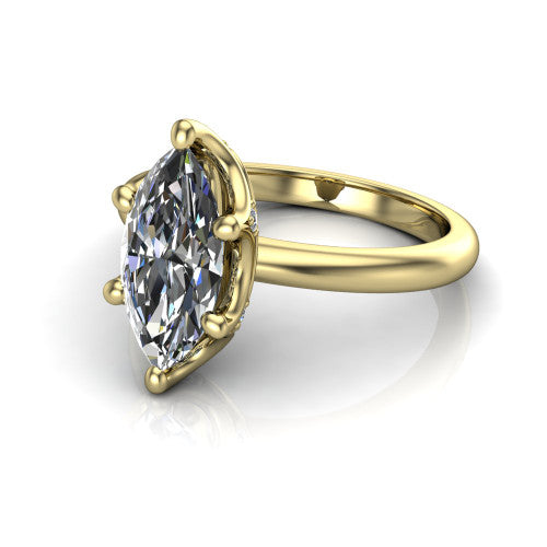 Josie marquise east-west solitaire engagement ring in 18K Yellow Gold with plain band, three-quarter perspective view