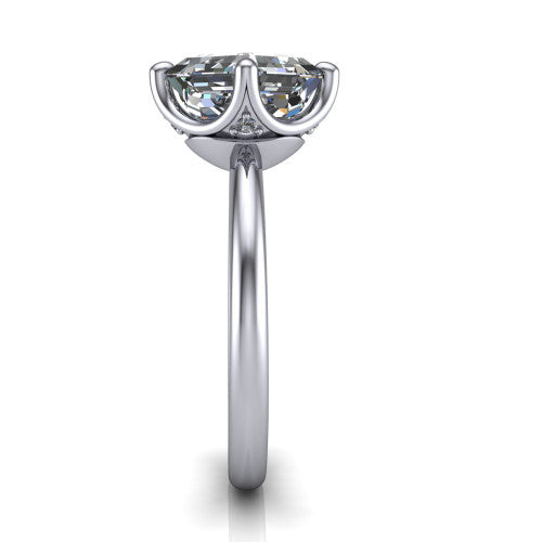 Josie asscher east-west solitaire engagement ring in Platinum with plain band, side profile showing the plain band and bezel-set under-gallery accent