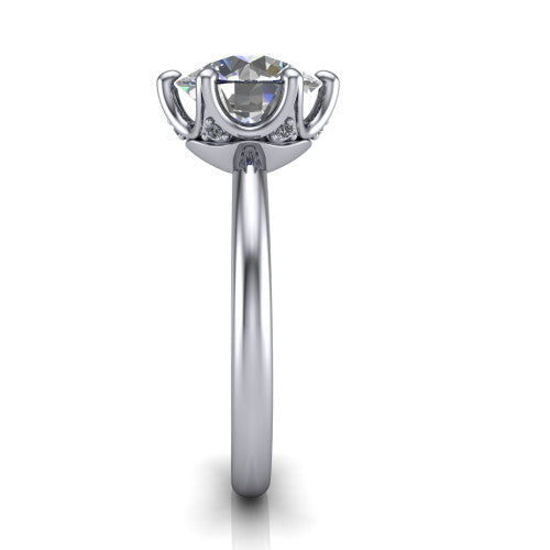 Josie round east-west solitaire engagement ring in 14K White Gold with plain band, side profile showing the plain band and bezel-set under-gallery accent