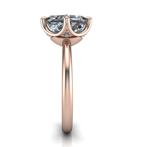 Josie asscher east-west solitaire engagement ring in 18K Rose Gold with plain band, side profile showing the plain band and bezel-set under-gallery accent