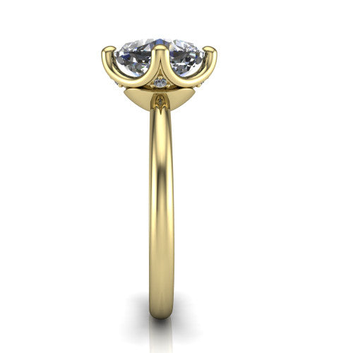 Josie cushion east-west solitaire engagement ring in 18K Yellow Gold with plain band, side profile showing the plain band and bezel-set under-gallery accent