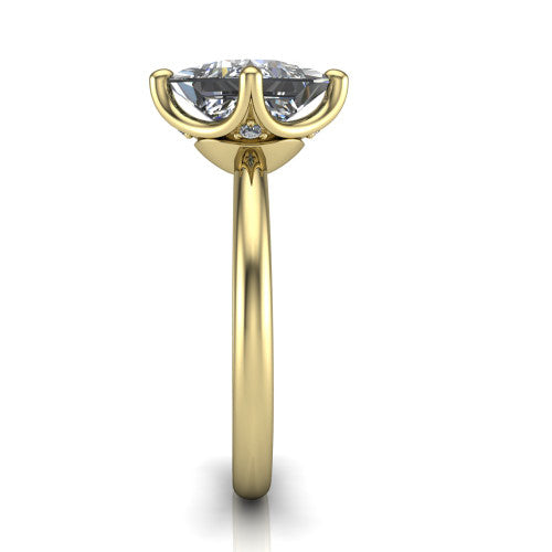 Josie princess east-west solitaire engagement ring in 14K Yellow Gold with plain band, side profile showing the plain band and bezel-set under-gallery accent