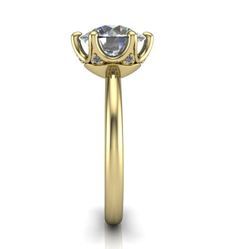 Josie round east-west solitaire engagement ring in 18K Yellow Gold with plain band, side profile showing the plain band and bezel-set under-gallery accent