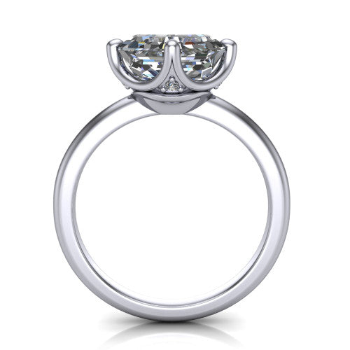 Josie asscher east-west solitaire engagement ring in Platinum with plain band, through-finger front profile showing the peek-a-boo accent