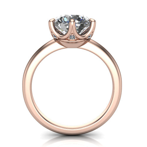 Josie round east-west solitaire engagement ring in 14K Rose Gold with plain band, through-finger front profile showing the peek-a-boo accent