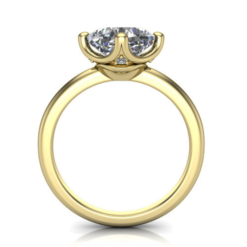 Josie cushion east-west solitaire engagement ring in 14K Yellow Gold with plain band, through-finger front profile showing the peek-a-boo accent