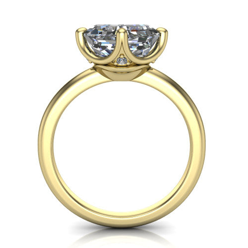 Josie asscher east-west solitaire engagement ring in 14K Yellow Gold with plain band, through-finger front profile showing the peek-a-boo accent
