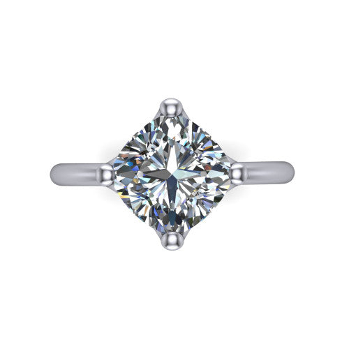 Josie cushion east-west solitaire engagement ring in Platinum with plain band, top-down view of the east-west four-prong head