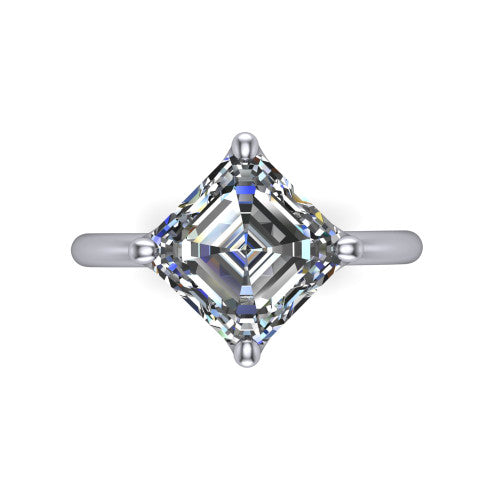 Josie asscher east-west solitaire engagement ring in 18K White Gold with plain band, top-down view of the east-west four-prong head