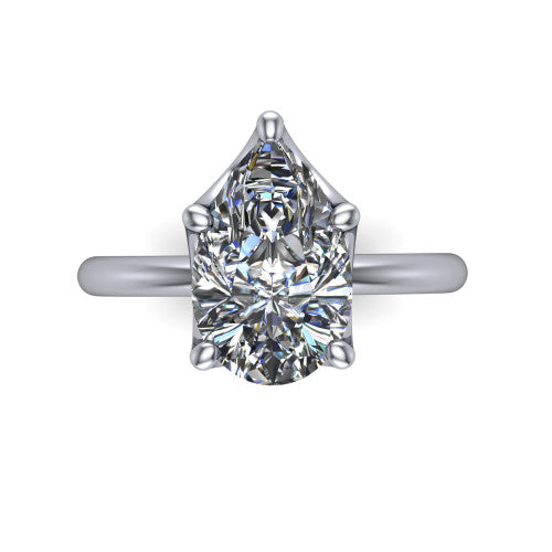 Josie pear east-west solitaire engagement ring in Platinum with plain band, top-down view of the east-west four-prong head