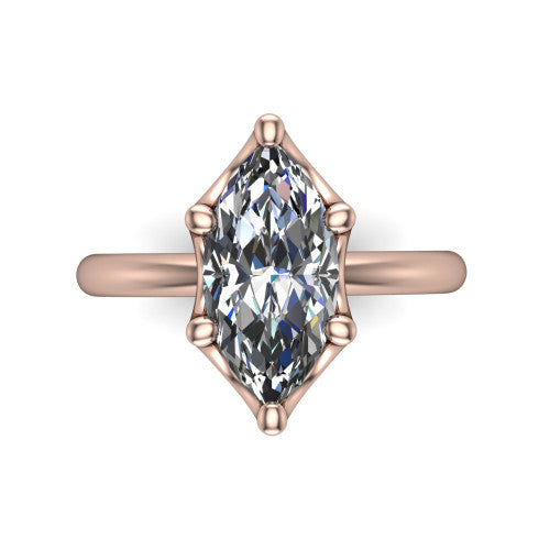 Josie marquise east-west solitaire engagement ring in 14K Rose Gold with plain band, top-down view of the east-west four-prong head