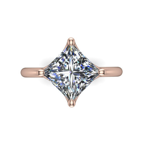 Josie princess east-west solitaire engagement ring in 14K Rose Gold with plain band, top-down view of the east-west four-prong head
