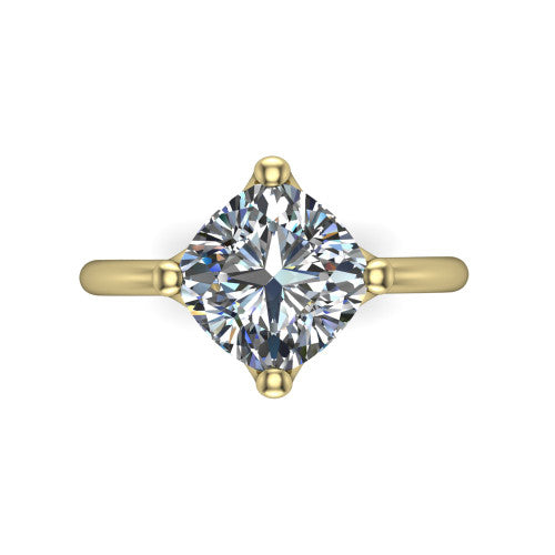 Josie cushion east-west solitaire engagement ring in 18K Yellow Gold with plain band, top-down view of the east-west four-prong head