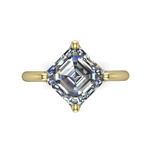 Josie asscher east-west solitaire engagement ring in 14K Yellow Gold with plain band, top-down view of the east-west four-prong head
