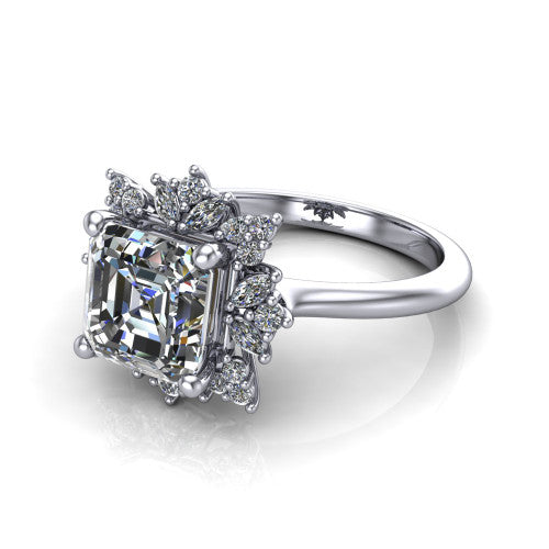 Zoe Square Emerald Shape Halo Engagement Ring in 14K White Gold