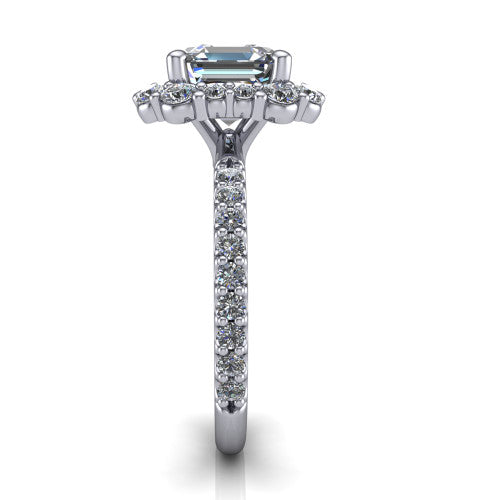 Brooklyn Square Emerald Shape Halo Engagement Ring in 18K White Gold
