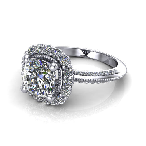 Lily cushion vintage double halo engagement ring in Platinum, three-quarter perspective showing the cushion center in a squared double pav&eacute; halo above a pav&eacute; split shank