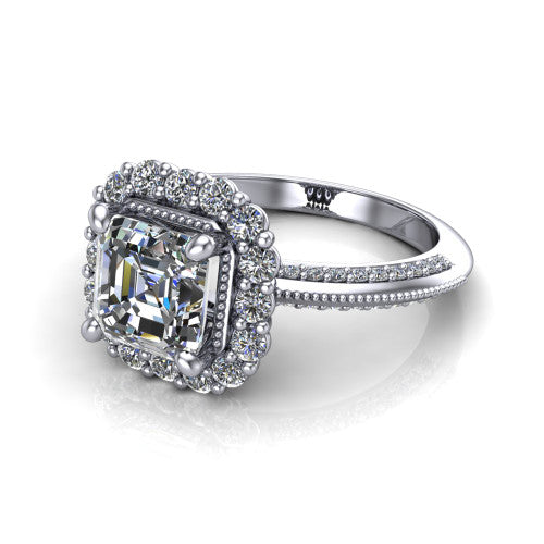 Lily square emerald vintage double halo engagement ring in 18K White Gold, three-quarter perspective showing the square emerald center in a squared double pav&eacute; halo above a pav&eacute; split shank