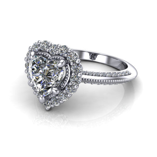 Lily heart vintage double halo engagement ring in 18K White Gold, three-quarter perspective showing the heart center in a squared double pav&eacute; halo above a pav&eacute; split shank