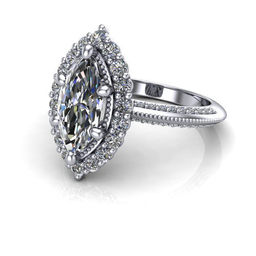 Lily marquise vintage double halo engagement ring in 14K White Gold, three-quarter perspective showing the marquise center in a squared double pav&eacute; halo above a pav&eacute; split shank
