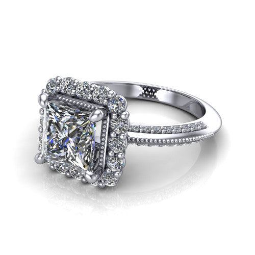 Lily princess vintage double halo engagement ring in 14K White Gold, three-quarter perspective showing the princess center in a squared double pav&eacute; halo above a pav&eacute; split shank