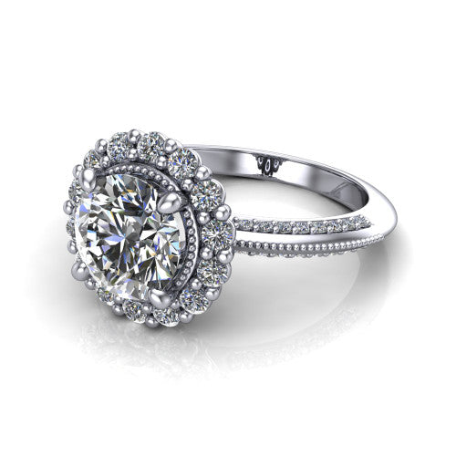 Lily round vintage double halo engagement ring in 18K White Gold, three-quarter perspective showing the round center in a squared double pav&eacute; halo above a pav&eacute; split shank