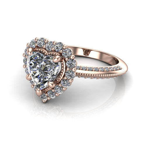 Lily heart vintage double halo engagement ring in 18K Rose Gold, three-quarter perspective showing the heart center in a squared double pav&eacute; halo above a pav&eacute; split shank