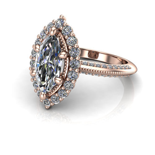 Lily marquise vintage double halo engagement ring in 14K Rose Gold, three-quarter perspective showing the marquise center in a squared double pav&eacute; halo above a pav&eacute; split shank