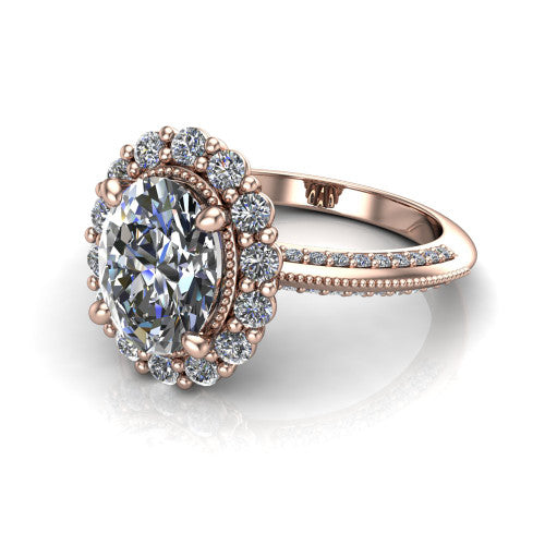 Lily oval vintage double halo engagement ring in 14K Rose Gold, three-quarter perspective showing the oval center in a squared double pav&eacute; halo above a pav&eacute; split shank