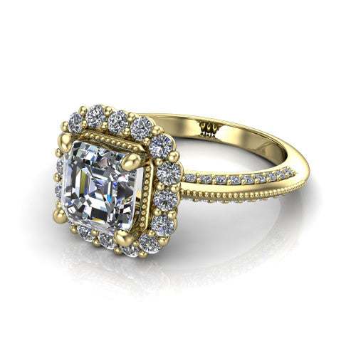 Lily square emerald vintage double halo engagement ring in 14K Yellow Gold, three-quarter perspective showing the square emerald center in a squared double pav&eacute; halo above a pav&eacute; split shank