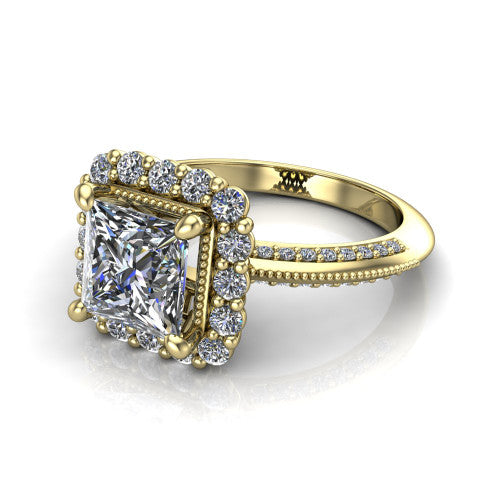 Lily princess vintage double halo engagement ring in 14K Yellow Gold, three-quarter perspective showing the princess center in a squared double pav&eacute; halo above a pav&eacute; split shank