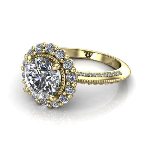 Lily round vintage double halo engagement ring in 18K Yellow Gold, three-quarter perspective showing the round center in a squared double pav&eacute; halo above a pav&eacute; split shank