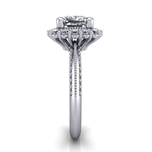 Lily cushion vintage double halo engagement ring in 18K White Gold, side profile showing the pav&eacute; split shank with milgrain and the stacked squared halo in profile