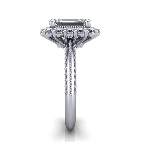 Lily emerald vintage double halo engagement ring in Platinum, side profile showing the pav&eacute; split shank with milgrain and the stacked squared halo in profile