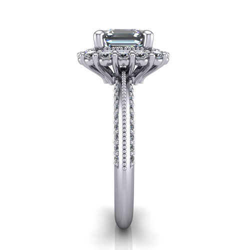 Lily square emerald vintage double halo engagement ring in Platinum, side profile showing the pav&eacute; split shank with milgrain and the stacked squared halo in profile