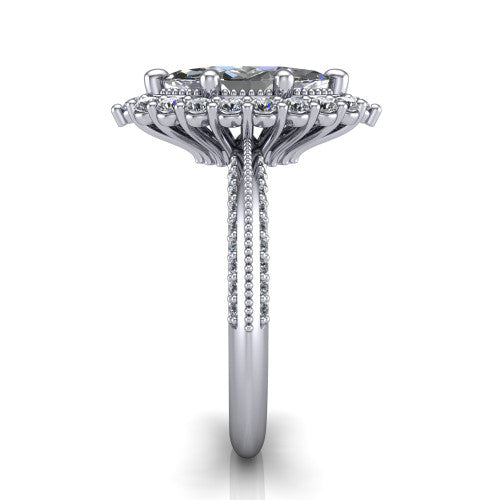 Lily marquise vintage double halo engagement ring in Platinum, side profile showing the pav&eacute; split shank with milgrain and the stacked squared halo in profile