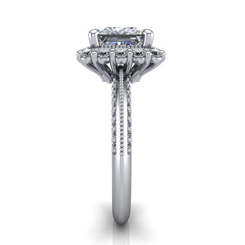 Lily princess vintage double halo engagement ring in 14K White Gold, side profile showing the pav&eacute; split shank with milgrain and the stacked squared halo in profile