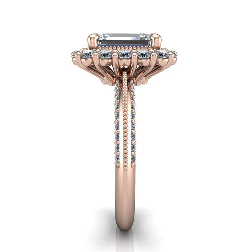 Lily emerald vintage double halo engagement ring in 18K Rose Gold, side profile showing the pav&eacute; split shank with milgrain and the stacked squared halo in profile