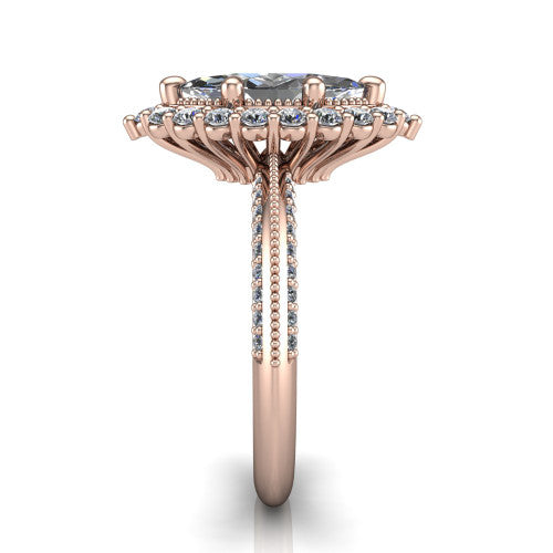 Lily marquise vintage double halo engagement ring in 14K Rose Gold, side profile showing the pav&eacute; split shank with milgrain and the stacked squared halo in profile