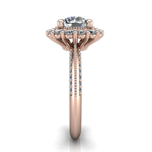Lily round vintage double halo engagement ring in 14K Rose Gold, side profile showing the pav&eacute; split shank with milgrain and the stacked squared halo in profile