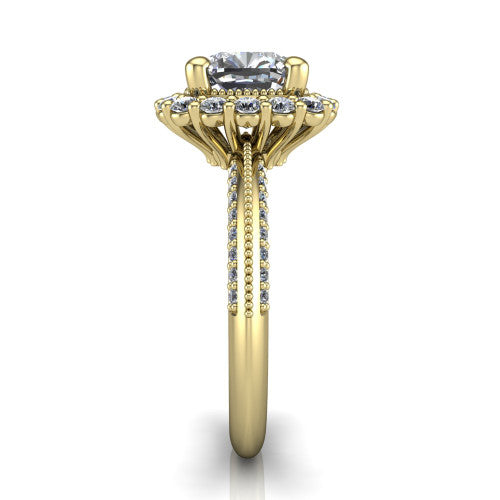 Lily cushion vintage double halo engagement ring in 14K Yellow Gold, side profile showing the pav&eacute; split shank with milgrain and the stacked squared halo in profile
