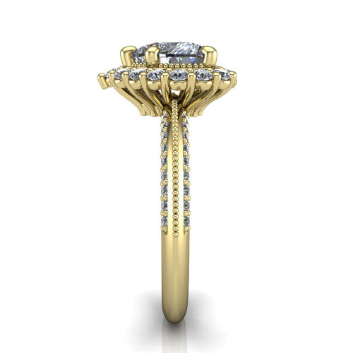 Lily heart vintage double halo engagement ring in 14K Yellow Gold, side profile showing the pav&eacute; split shank with milgrain and the stacked squared halo in profile