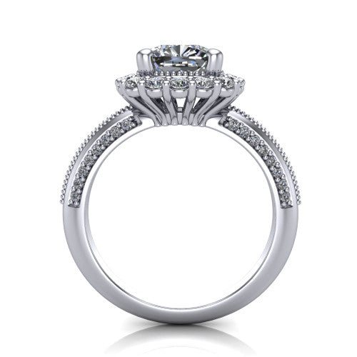 Lily cushion vintage double halo engagement ring in 18K White Gold, through-finger front profile showing the double halo head and openwork gallery above the pav&eacute; split shank