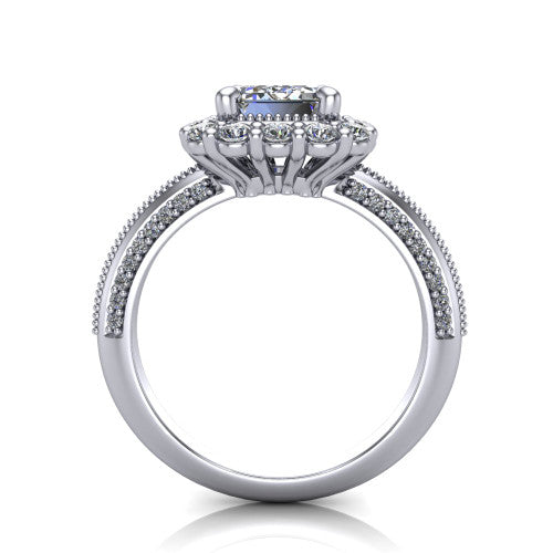 Lily emerald vintage double halo engagement ring in 14K White Gold, through-finger front profile showing the double halo head and openwork gallery above the pav&eacute; split shank