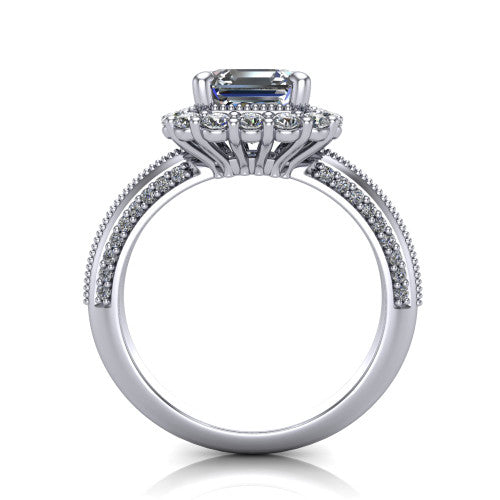 Lily square emerald vintage double halo engagement ring in Platinum, through-finger front profile showing the double halo head and openwork gallery above the pav&eacute; split shank