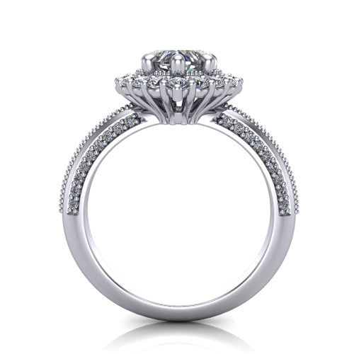 Lily heart vintage double halo engagement ring in 14K White Gold, through-finger front profile showing the double halo head and openwork gallery above the pav&eacute; split shank