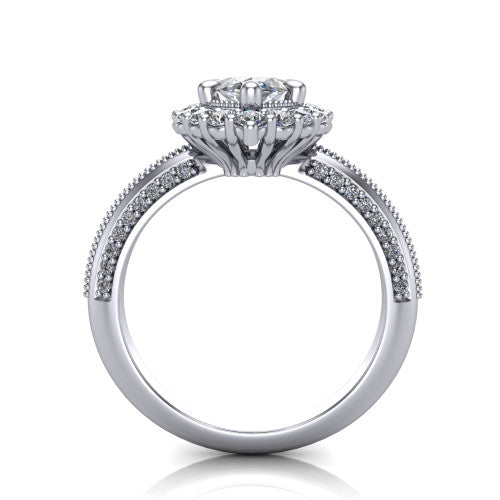 Lily marquise vintage double halo engagement ring in Platinum, through-finger front profile showing the double halo head and openwork gallery above the pav&eacute; split shank