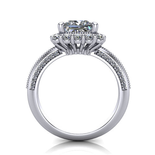 Lily princess vintage double halo engagement ring in 14K White Gold, through-finger front profile showing the double halo head and openwork gallery above the pav&eacute; split shank
