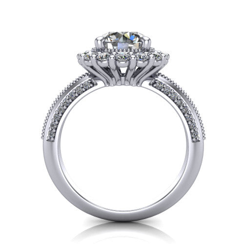 Lily round vintage double halo engagement ring in 18K White Gold, through-finger front profile showing the double halo head and openwork gallery above the pav&eacute; split shank