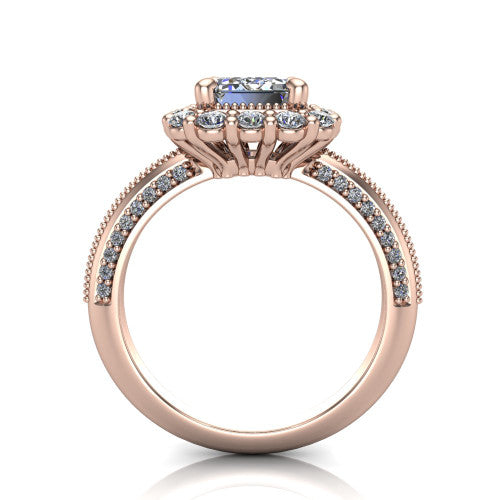 Lily emerald vintage double halo engagement ring in 18K Rose Gold, through-finger front profile showing the double halo head and openwork gallery above the pav&eacute; split shank